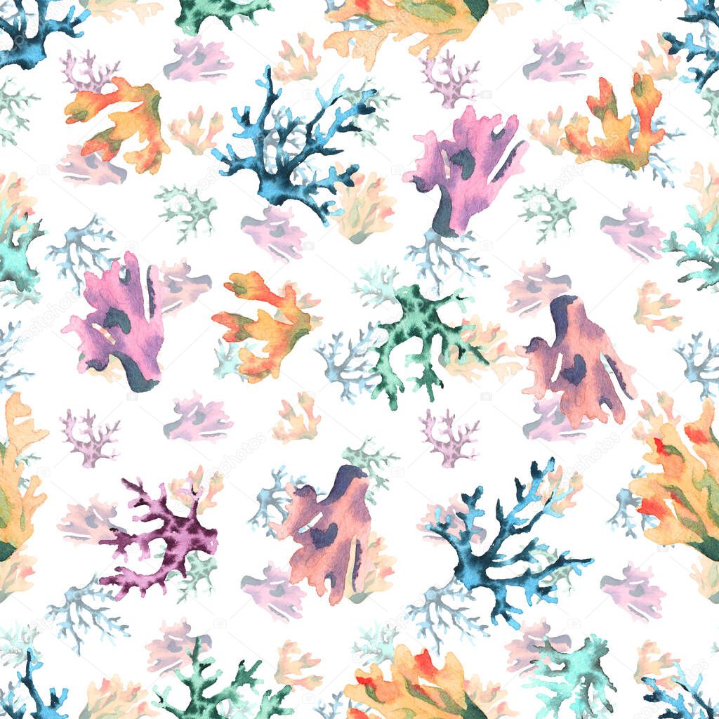 Seamless pattern with delicate watercolor corals. Isolated objects on white background
