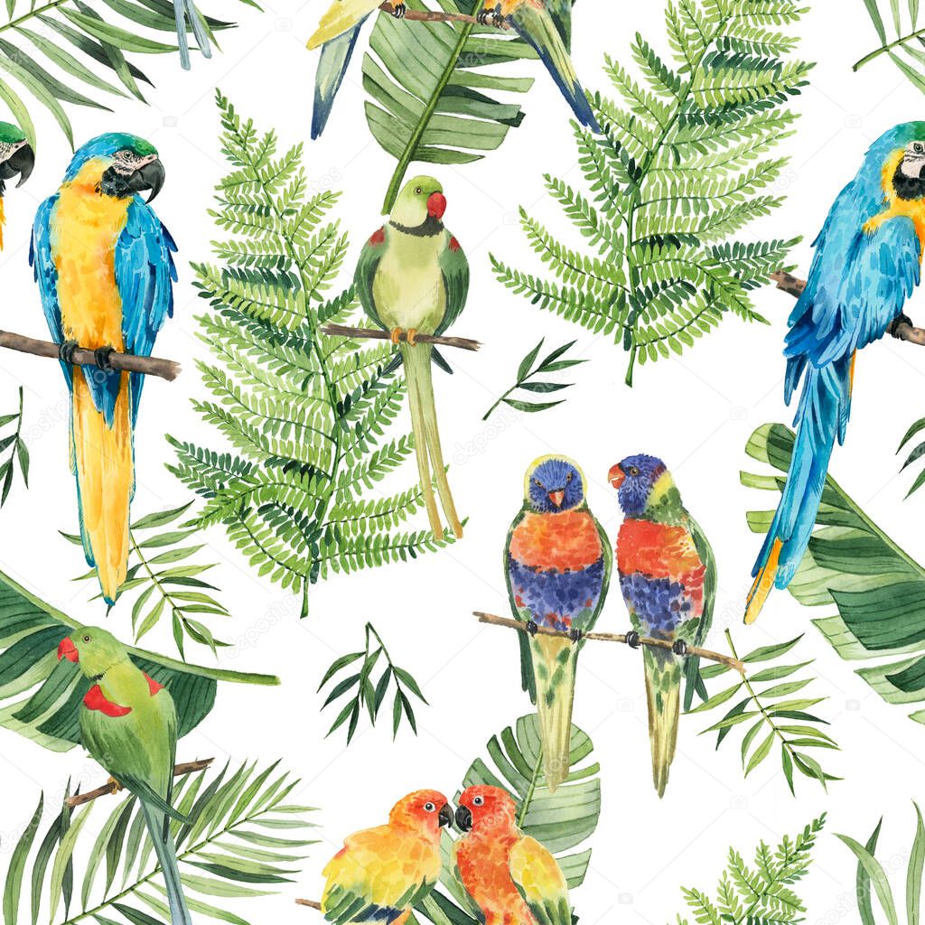 Pattern with beautiful watercolor parrots and tropical leaves. Tropics. Realistic tropical leaves. Tropical birds.  On white background