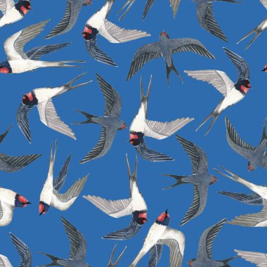 Şirin kırlangıçlarla suluboya deseni. Karanlık bir arka planda. Kusursuz desen