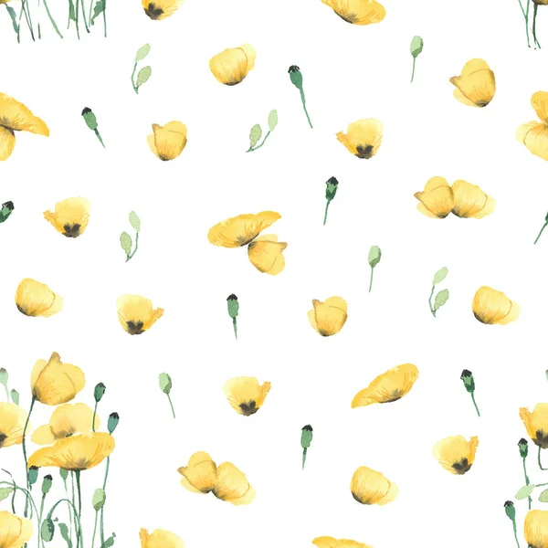 Seamless background with yellow poppy flowers, in watercolor style. On a white background.
