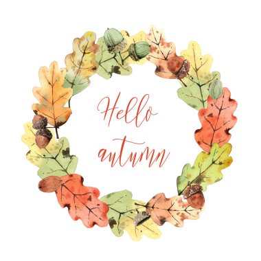 Beyaz arkaplanda parlak sonbahar yapraklarına sahip suluboya çerçeve