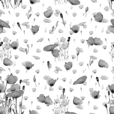 Haşhaş çiçekleriyle suluboya tarzda kusursuz bir arka plan. Beyaz bir arkaplanda.