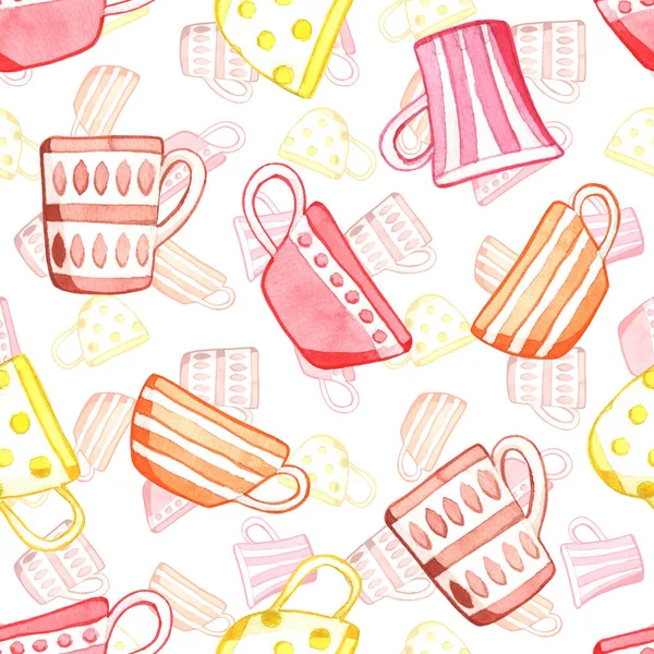 Seamless Pattern Tea Cups Watercolor Illustration White Background — Stock Photo, Image