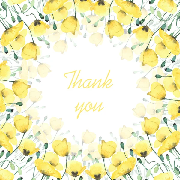 框架与精致的黄色罂粟在白色的背景 水彩画 上面写着 谢谢你 — 图库照片