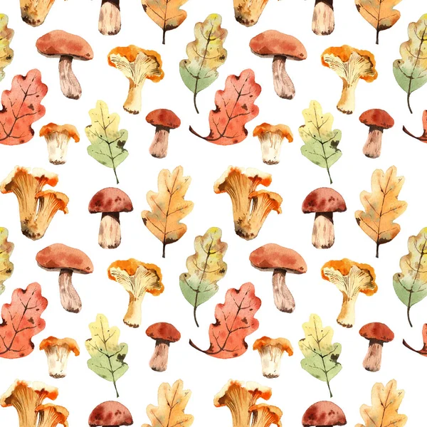 Pattern with watercolor oak leaves and mushrooms. On a white background