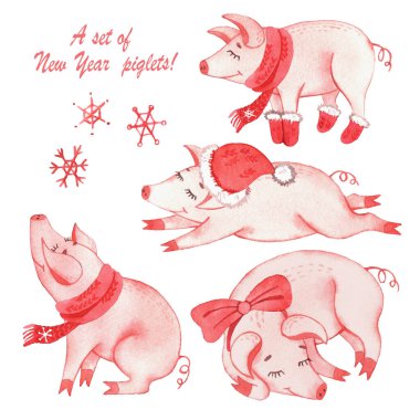 Yeni Yıl domuzları ve suluboya kıyafetlerle dolu. Noel zamanı. Kartpostallar. Beyaz arkaplanda izole