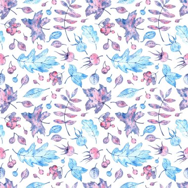 Suluboya kış yapraklı desen. Donmuş sonbahar. Beyaz bir arkaplanda