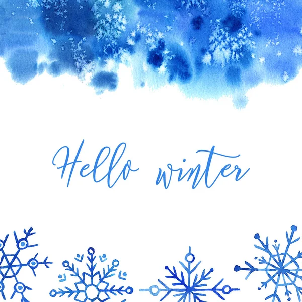 Ramka Akwarelowymi Plamami Śniegu Białym Tle Witam Zimę — Zdjęcie stockowe