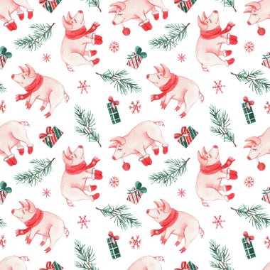 Yeni yıl domuz yavrularının suluboya desenleri, Noel süsleri, hediyeler ve tatlılar. Beyaz bir arkaplanda