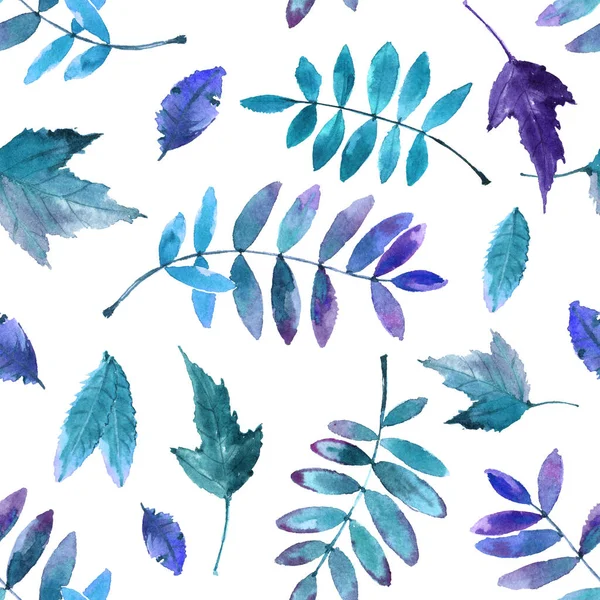 Watercolor pattern with bright blue leaves isolated on white background