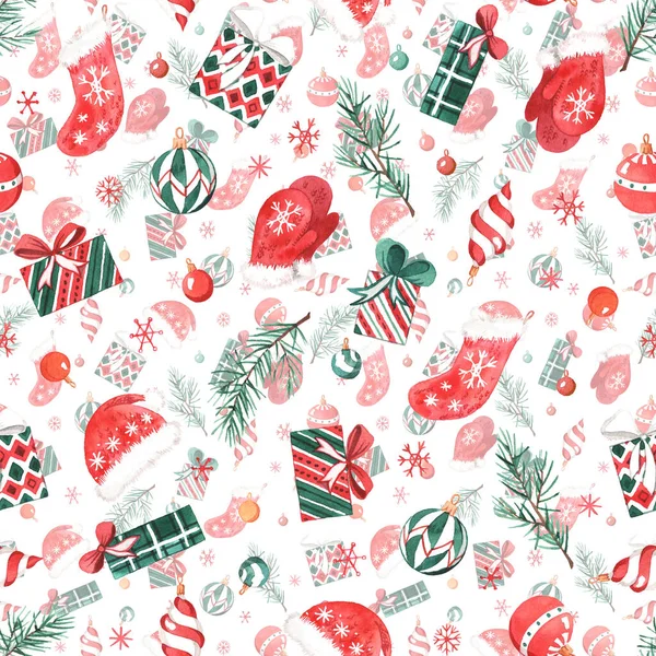Pattern Watercolors New Year Decorations Gifts Sweets White Background — Stock Photo, Image