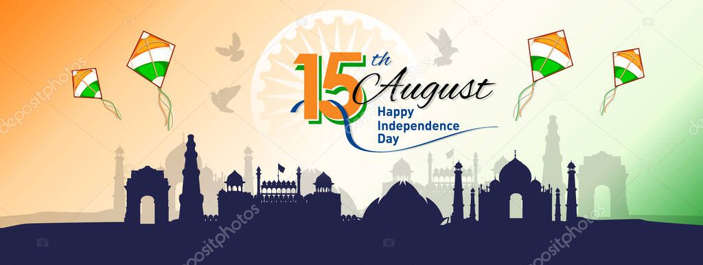 Banner or Header designed of 15th August Happy Independence Day of India, with stylish text, flying kites and famous monuments of India. Vector Illustration