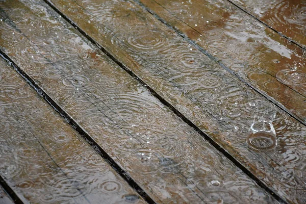 It is raining. Puddles on wooden flooring made of painted boards. Bouncing bizarre splashes. Circles diverge in water.