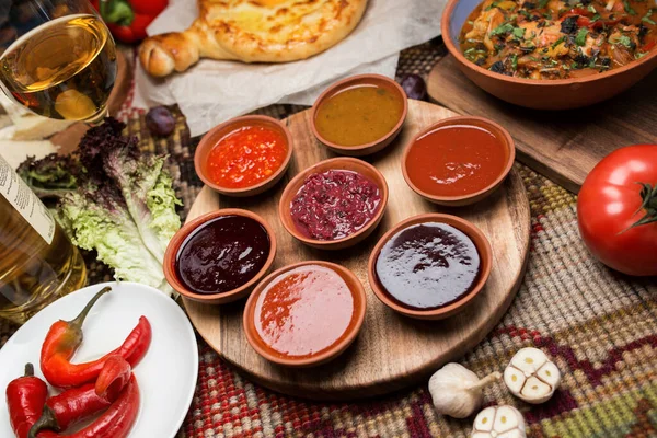 Spicy Sauces Plates Cheese Vegetables Close Top View Georgian National — Stock Photo, Image