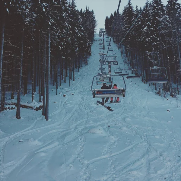 Ośrodek Zimowy Wyciąg Narciarski Górach Las Karpacki Zimą — Zdjęcie stockowe