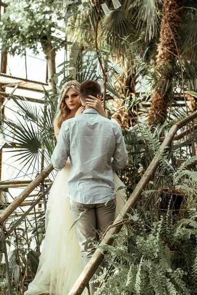 Young Couple Posing Botanical Garden Wedding Photo Session Tropical Plants — Stock Photo, Image