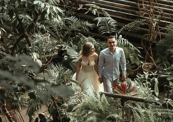 Jovem Casal Posando Jardim Botânico Sessão Fotos Casamento Com Plantas — Fotografia de Stock