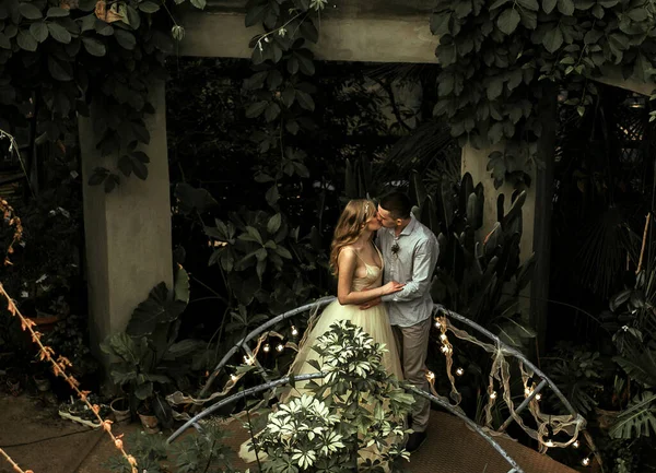 Young Couple Posing Botanical Garden Wedding Photo Session Tropical Plants — Stock Photo, Image