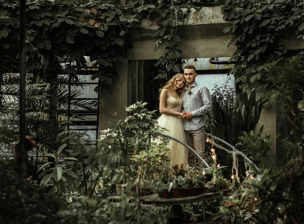 Jovem Casal Posando Jardim Botânico Sessão Fotos Casamento Com Plantas — Fotografia de Stock