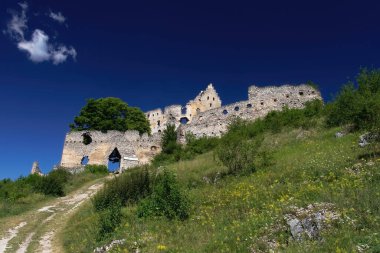 Topolcany Kalesi harabeleri, Slovakya 'da eski bir kale kaçağı, antik kale, yıkılmış kule, Povazsky Inovec, Slovakya' da turizm