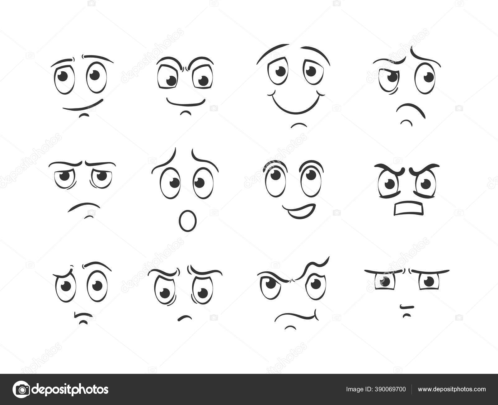 Vetores de Rostos De Desenhos Animados Olhos Expressivos E Boca Sorrindo  Chorando E Surpreso Personagens Rosto