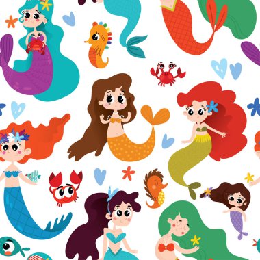 Beyaz arka plan üzerinde deniz kızları ile Seamless şirin modeli. Sihirli arka plan-ebilmek var olmak kullanılmış için duvar kağıtları, desen dolgularını, yüzey dokuları.