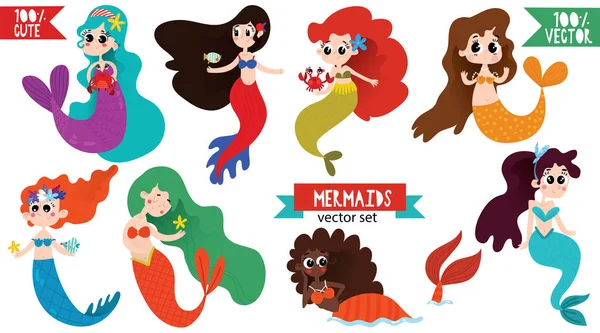 Set Von Niedlichen Karikaturen Meerjungfrauen Tolle Kindische Kollektion Cartoon Stil — Stockvektor