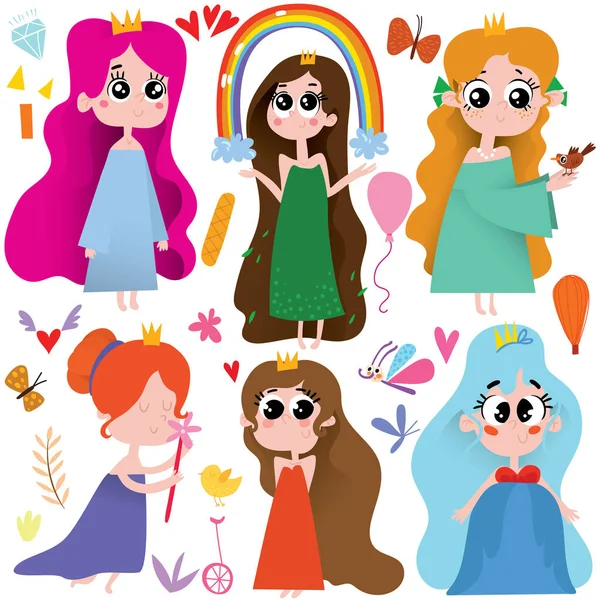 Vector Set Cute Cartoon Prinsessen Awesome Kinderachtig Collectie Cartoon Stijl — Stockvector