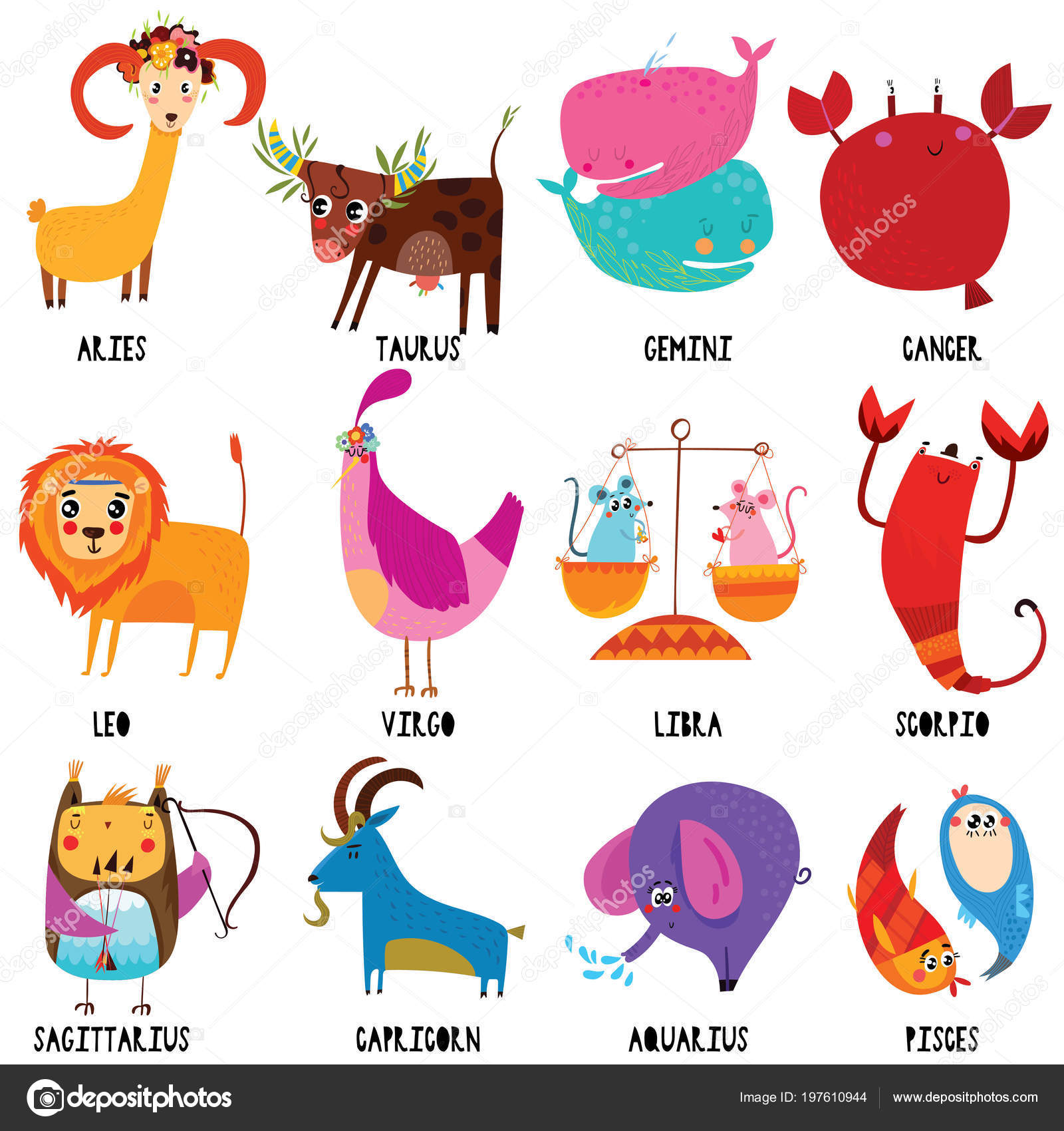 Set Illustration Cartoon Zodiac Signs Funny Characters Set Your Design ...