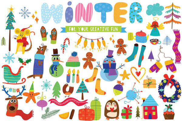 Большой набор зимних элементов ручной работы - животных, звёзд, подарков и других элементов. Перфект для веб, открытки, плаката или футболки. Векторная иллюстрация
