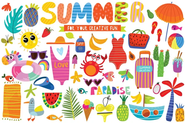 Big Set Summer Hand Drawn Elements Fruits Animals Pineapple Tropical — Stock Vector