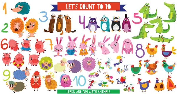 让我们数到10 Big 设置与卡通动物在平面风格的设计 儿童学习计数或数学数字的收集 — 图库矢量图片