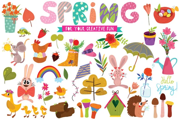 春手描きの要素 葉とウサギの大きなセット Web カード ポスターや シャツに最適 ベクトル図 — ストックベクタ