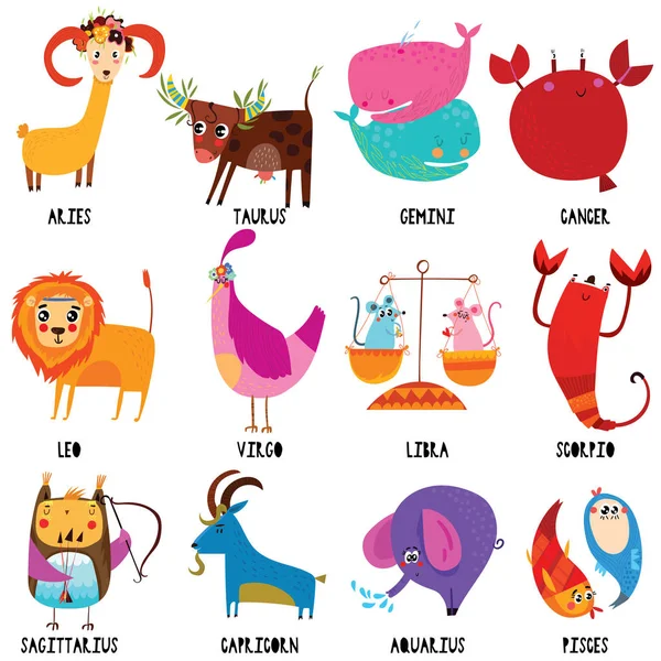 Establecer Ilustración Con Signos Zodiaco Dibujos Animados Personajes Divertidos Establecidos — Vector de stock