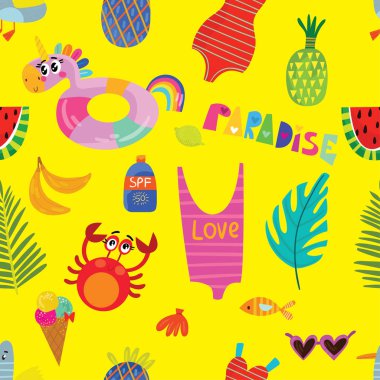 Elle çizilmiş elemanları ile renkli sorunsuz yaz desen-güneş gözlüğü, palm, karpuz, çanta, şemsiye, dondurma ve diğer moda tasarım, vektör çizim yazdırma