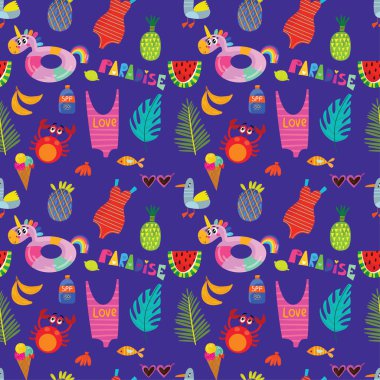 Elle çizilmiş elemanları ile renkli sorunsuz yaz desen-güneş gözlüğü, palm, karpuz, çanta, şemsiye, dondurma ve diğer moda tasarım, vektör çizim yazdırma