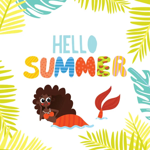 Приветствие Hello Summer Рисует Векторную Иллюстрацию Карикатурным Вектором Mermaid Stock — стоковый вектор