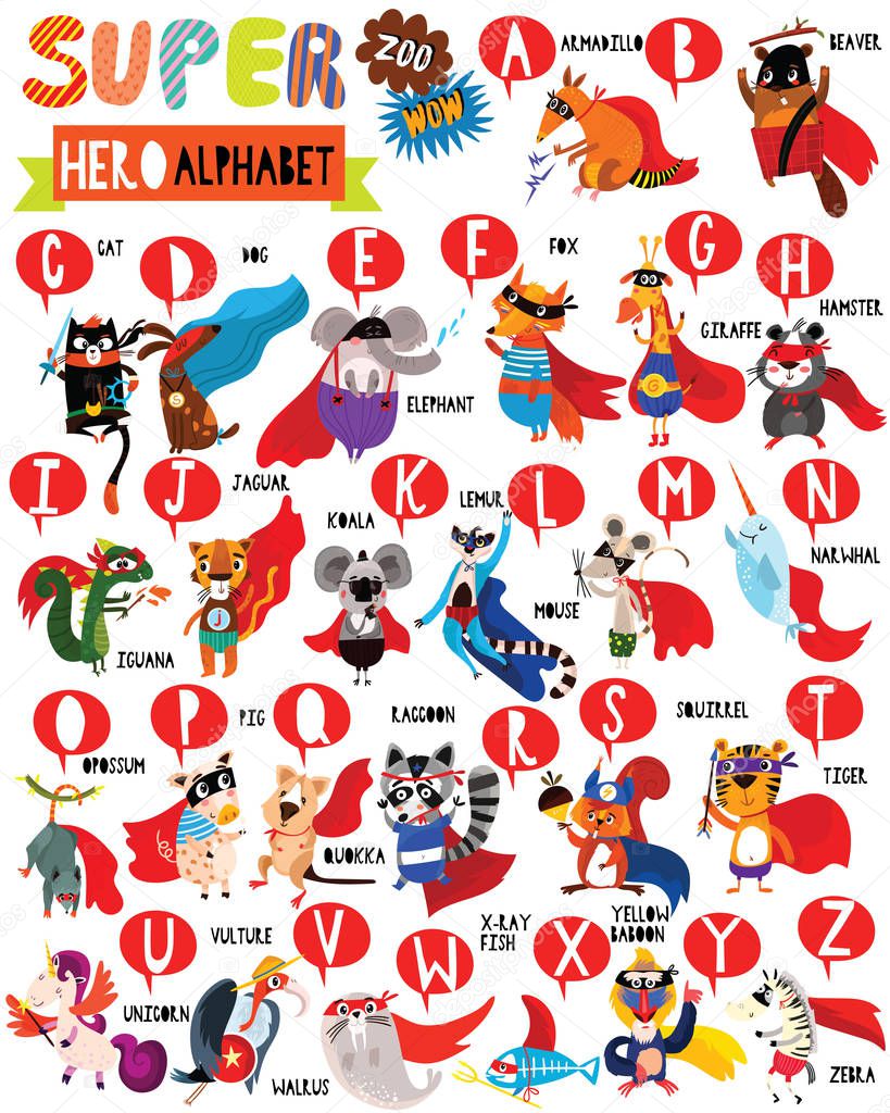 Superhero Zoo Alphabet. Cute colorful children zoo A-Z alphabet for kids. Learning English vocabulary. Funny cartoon animals.
