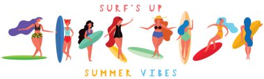 Kızlar sörfçü ile sörf tahtaları. Komik karakterler ile yatay banner ile. Vektör çizim.