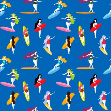 Yaz Dikişsiz desen sörf tahtaları üzerinde sörf kızlarla. Arka plan duvar kağıtları, desen dolgularını, yüzey dokuları için