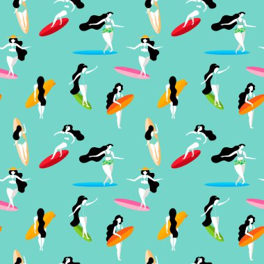 Yaz Dikişsiz desen sörf tahtaları üzerinde sörf kızlarla. Arka plan duvar kağıtları, desen dolgularını, yüzey dokuları için