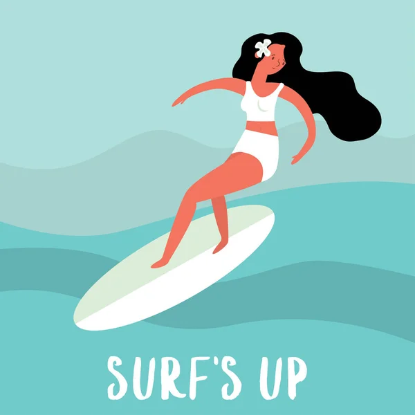 Surf Carta Surf Con Carina Ragazza Surfista Cavalcare Tavola Surf — Vettoriale Stock