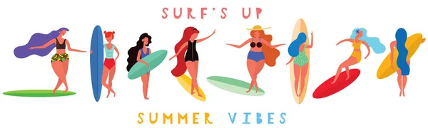 Kızlar Sörfçü Ile Sörf Tahtaları Komik Karakterler Ile Yatay Banner — Stok Vektör