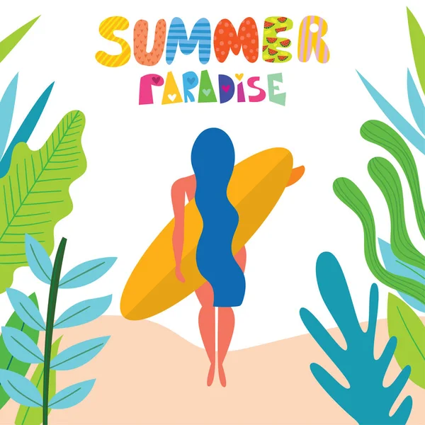 Καλοκαιρινός Παράδεισος Σερφ Κάρτα Surf Χαριτωμένο Κορίτσι Στην Παραλία Επίπεδη — Διανυσματικό Αρχείο