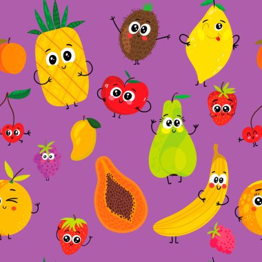 Yaz Dikişsiz desen ile karikatür komik meyve: elma, armut, muz, çilek, ananas, portakal, vişne, ahududu, kivi ve limon.