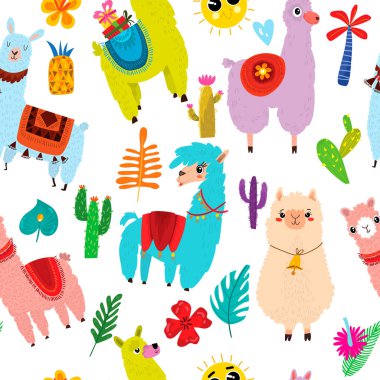 Çizgi film Lama, alpaka, kaktüs ve yaprakları ile seamless modeli. Arka plan-ebilmek var olmak kullanılmış için duvar kağıtları, desen dolgularını, yüzey dokuları.