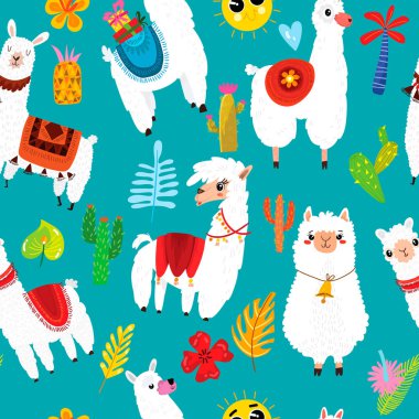 Çizgi film Lama, alpaka, kaktüs ve yaprakları ile seamless modeli. Arka plan-ebilmek var olmak kullanılmış için duvar kağıtları, desen dolgularını, yüzey dokuları.
