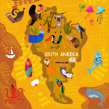 Çizgi film dünya haritası ile geleneksel hayvan. Güney America.Vector Gösterim amacıyla çocuklar okul öncesi eğitim ve çocuklar tasarım - hisse senedi vektör resimli Haritası