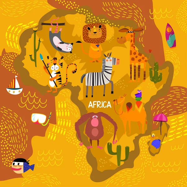 Kreslená Mapa Světa Zvířaty Tradiční Ilustrovaná Mapa Africa Vector Ilustrace — Stockový vektor