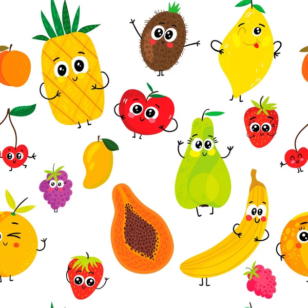 Summer Seamless Pattern Cartoon Funny Fruits Apple Pear Banana Strawberry — Stock Vector